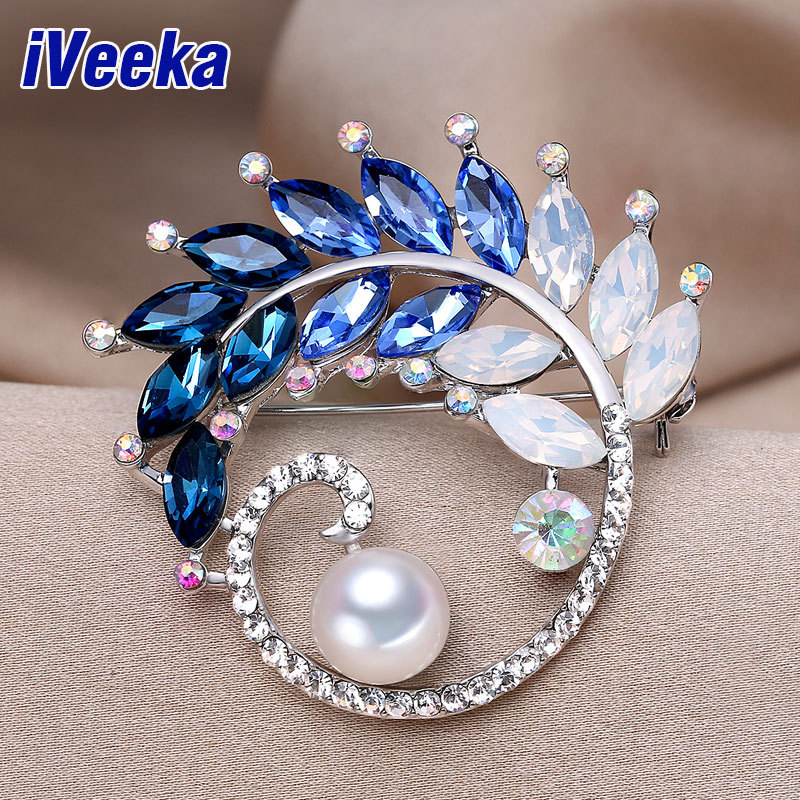 test-Veeka Luxury Brooches Big Freshwater Pearls Fine Jewelry with Sparking Blue Crystal Gold and Silver Two Color for Choice