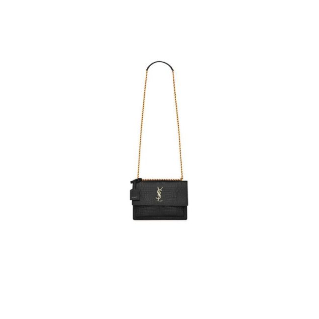 SUNSET MEDIUM CHAIN BAG IN CROCODILE-EMBOSSED SHINY LEATHER
